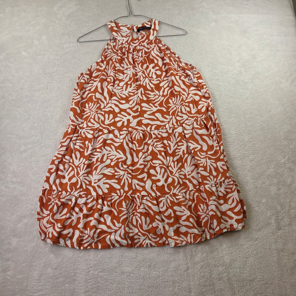 LCW Casual Orange White Abstract Print Halter Neck Tiered Babydoll Dress Large